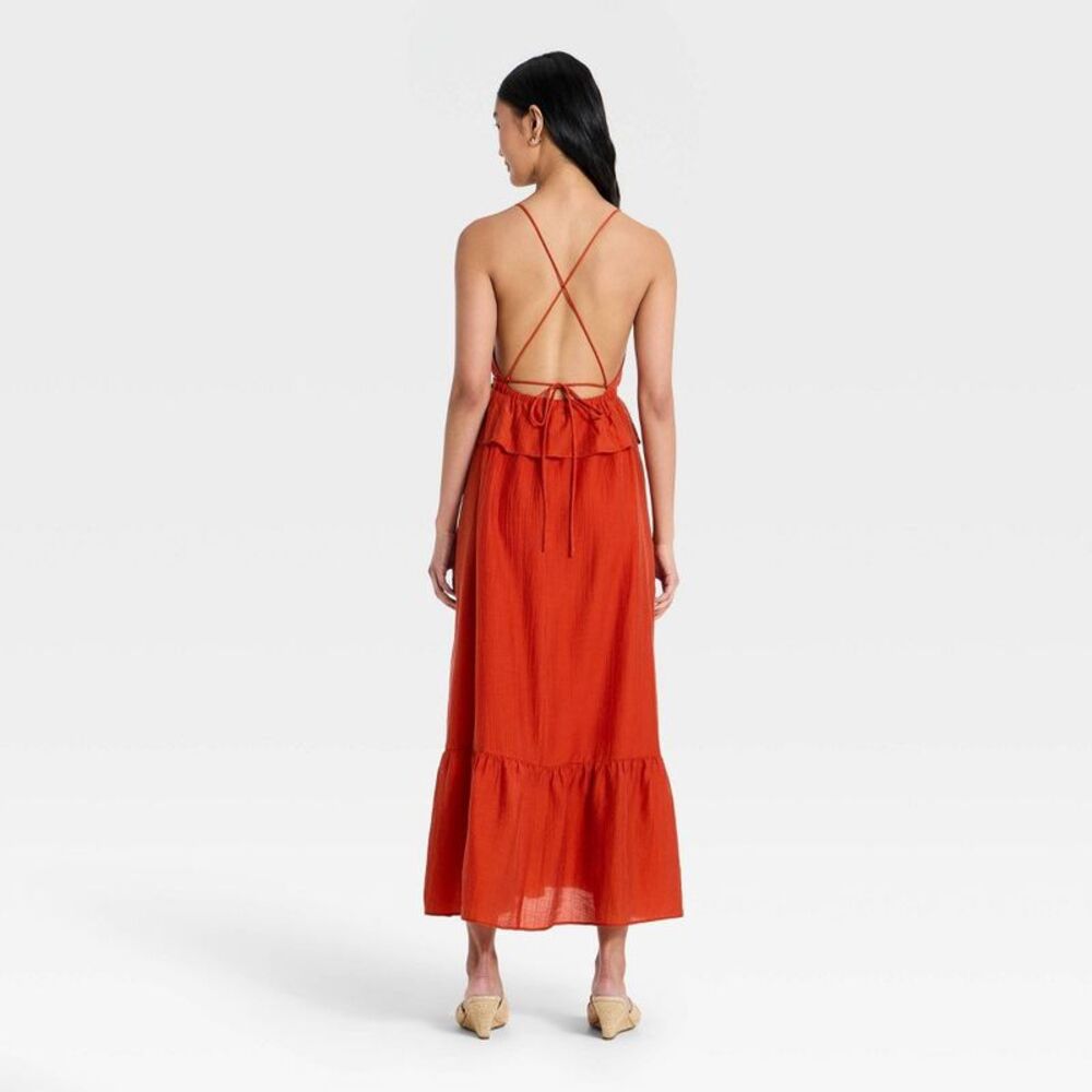 Women's Ruffle Maxi Dress Orange S - Picture 2 of 4